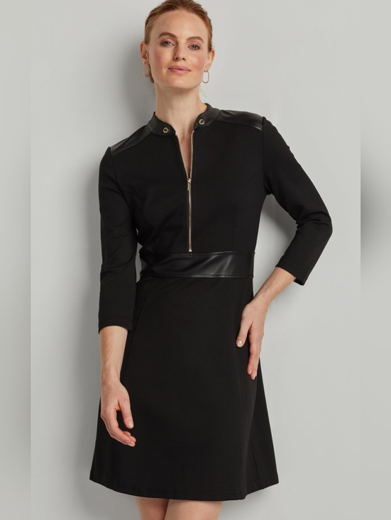 Ellen Tracy Dresses & Skirts - NWT Ellen Tracy Mandarin Collar Black A-Line Dress with Faux Leather Trim